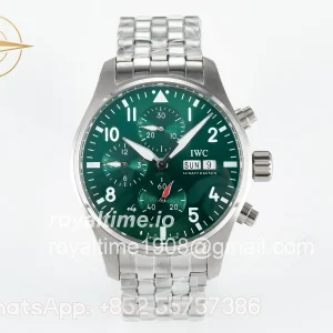 IWC Pilot’s Watch IW388104 BLSF Performance Chronograph 41mm SS Green Dial On Stainless steel bracelet A7750 to 69385