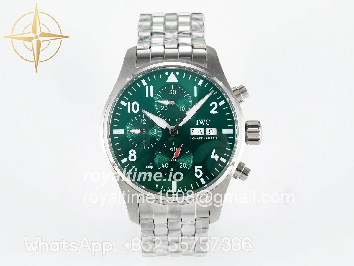 IWC Pilot’s Watch IW388104 BLSF Performance Chronograph 41mm SS Green Dial On Stainless steel bracelet A7750 to 69385