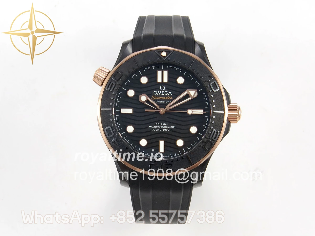 Omega Seamaster Diver 300M Black Ceramic Bezel RG ORF Black Dial On Black Rubber Strap OR8806