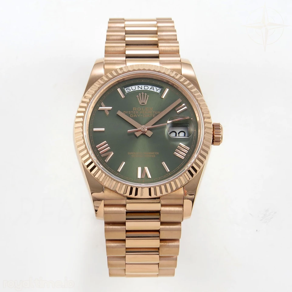 Rolex Day Date 36 RG QF 904L Steel Green Roman Dial on President Bracelet A2836 V3