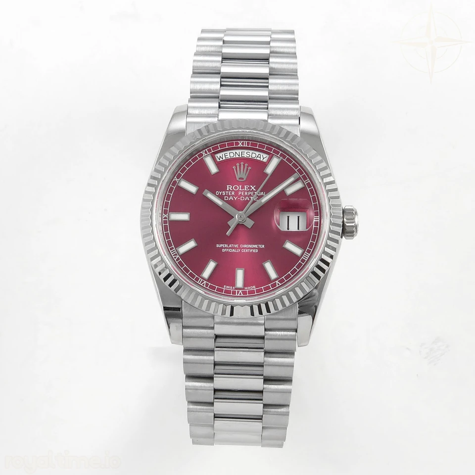 Rolex Day Date 36 SS QF 904L Steel Red Stick Dial on President Bracelet VR3255 V3