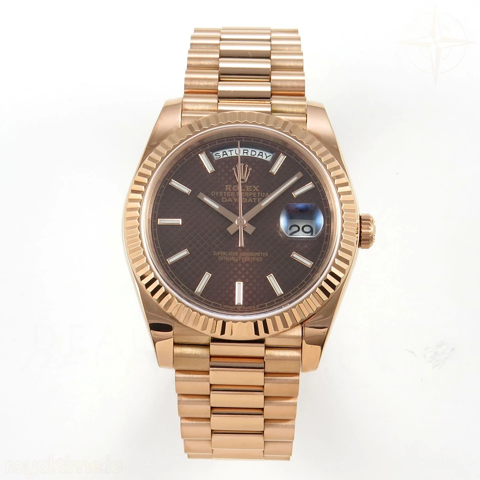 Rolex Day Date 40 RG TMF Brown Textured Stick Dial on President Bracelet VR3255 (Weighted) 208g
