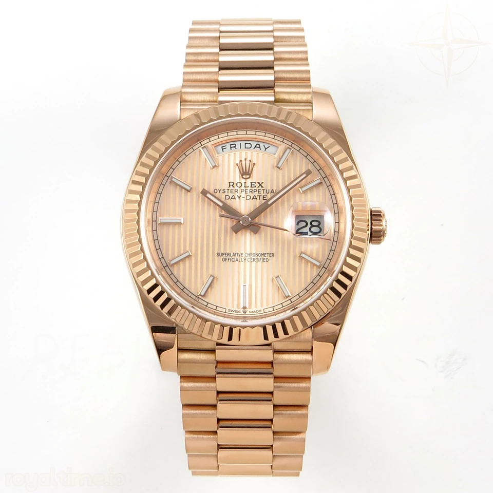 Rolex Day Date 40 RG TMF RG Textured Stick Dial on President Bracelet VR3255 (Weighted) 208g