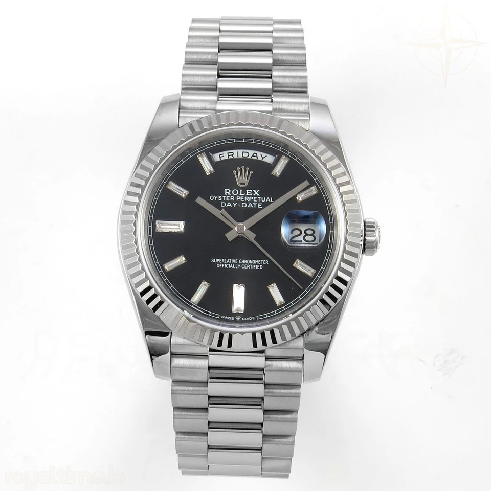 Rolex Day Date 40 SS TMF Black Crystal Dial on President Bracelet VR3255 (Weighted) 208g