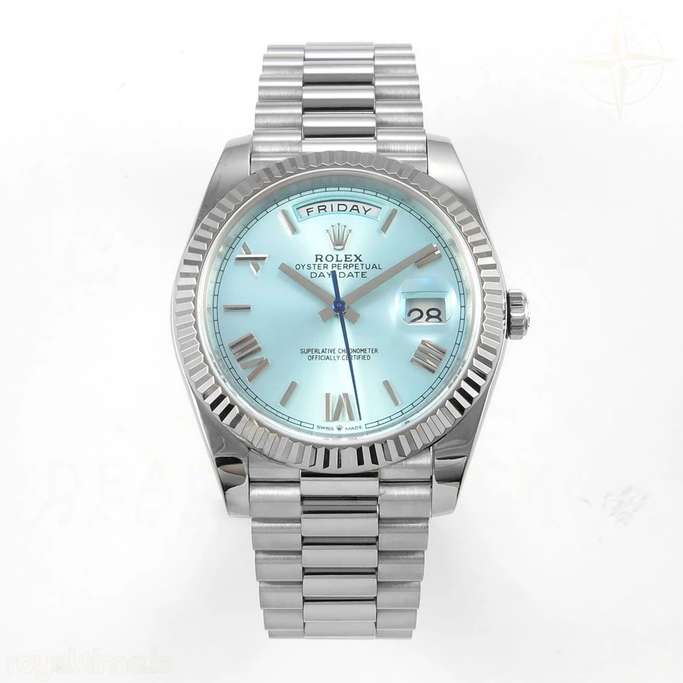 Rolex Day Date 40 SS TMF Ice Blue Roman Dial on President Bracelet VR3255 (Weighted) 208g