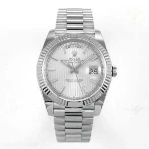 Rolex Day Date 40 SS TMF Silver Textured Stick Dial on President Bracelet VR3255 (Weighted) 208g