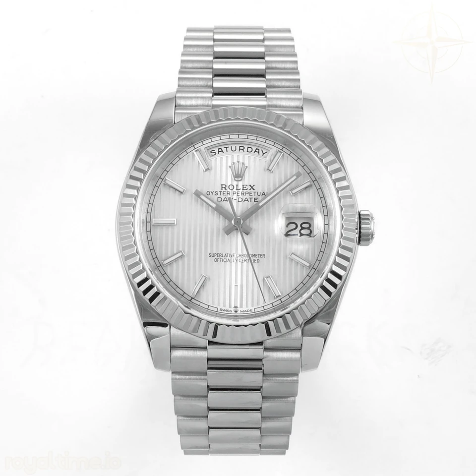 Rolex Day Date 40 SS TMF Silver Textured Stick Dial on President Bracelet VR3255 (Weighted) 208g