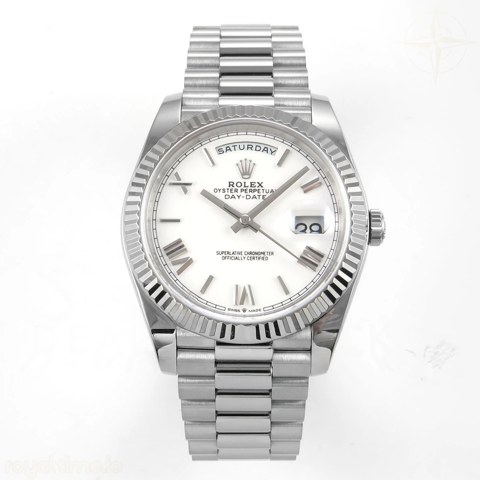 Rolex Day Date 40 SS TMF White Roman Dial on President Bracelet VR3255 (Weighted) 208g