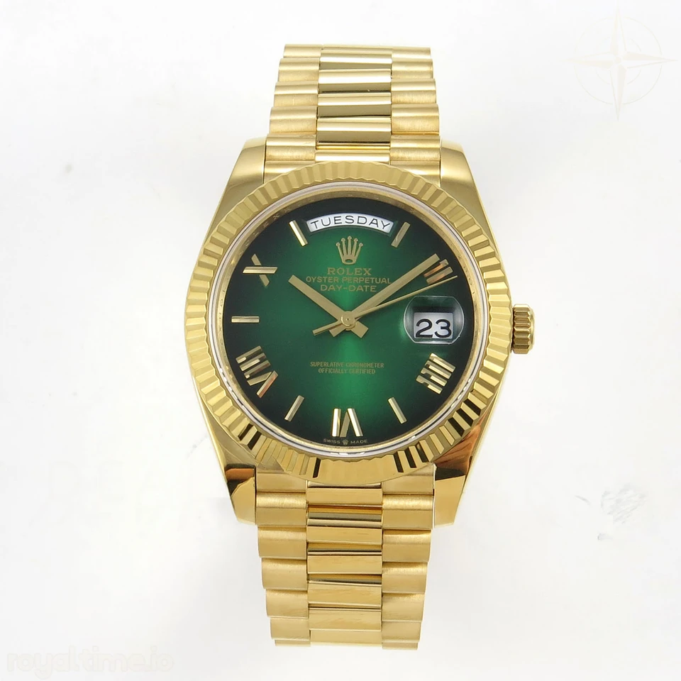 Rolex Day Date 40 YG 228238 QF Green Ombre Roman Dial on President Bracelet VR3255 V8 (190g)