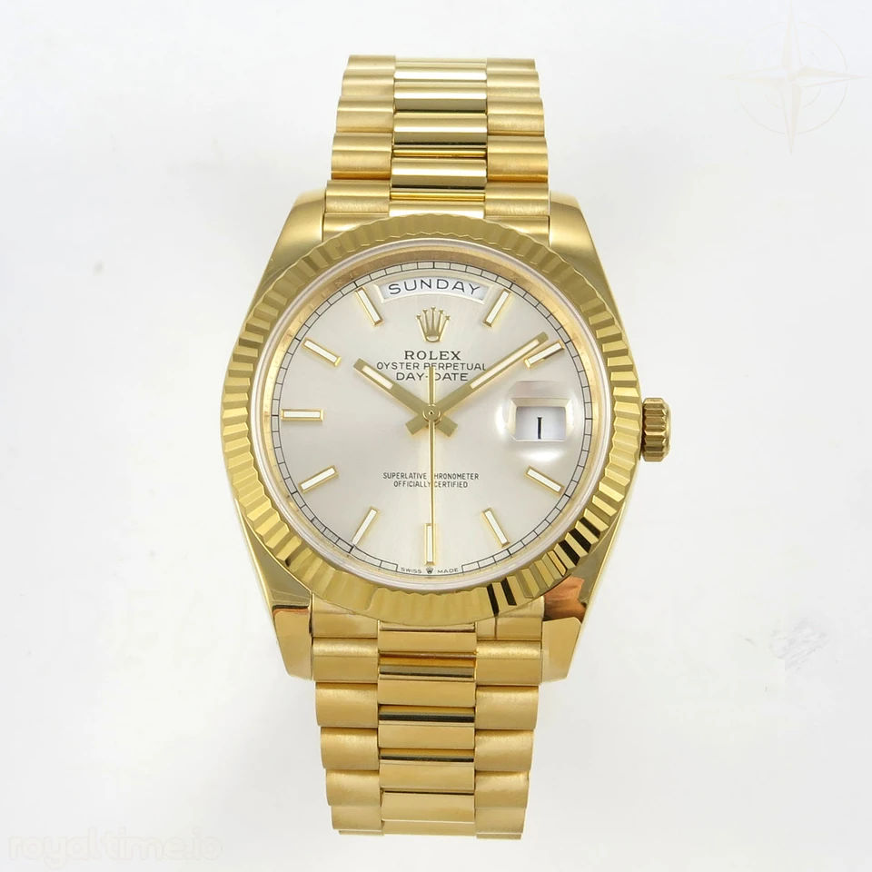 Rolex Day Date 40 YG 228238 QF Silver Stick Dial on President Bracelet A2836 V6 (200g)