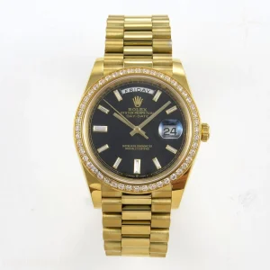 Rolex Day Date 40 YG TMF Black Crystal Dial Diamonds Bezel on President Bracelet VR3255 (220g)