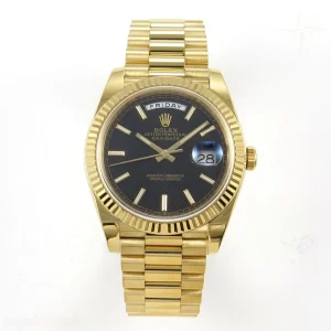 Rolex Day Date 40 YG TMF Black Textured Stick Dial on President Bracelet VR3255