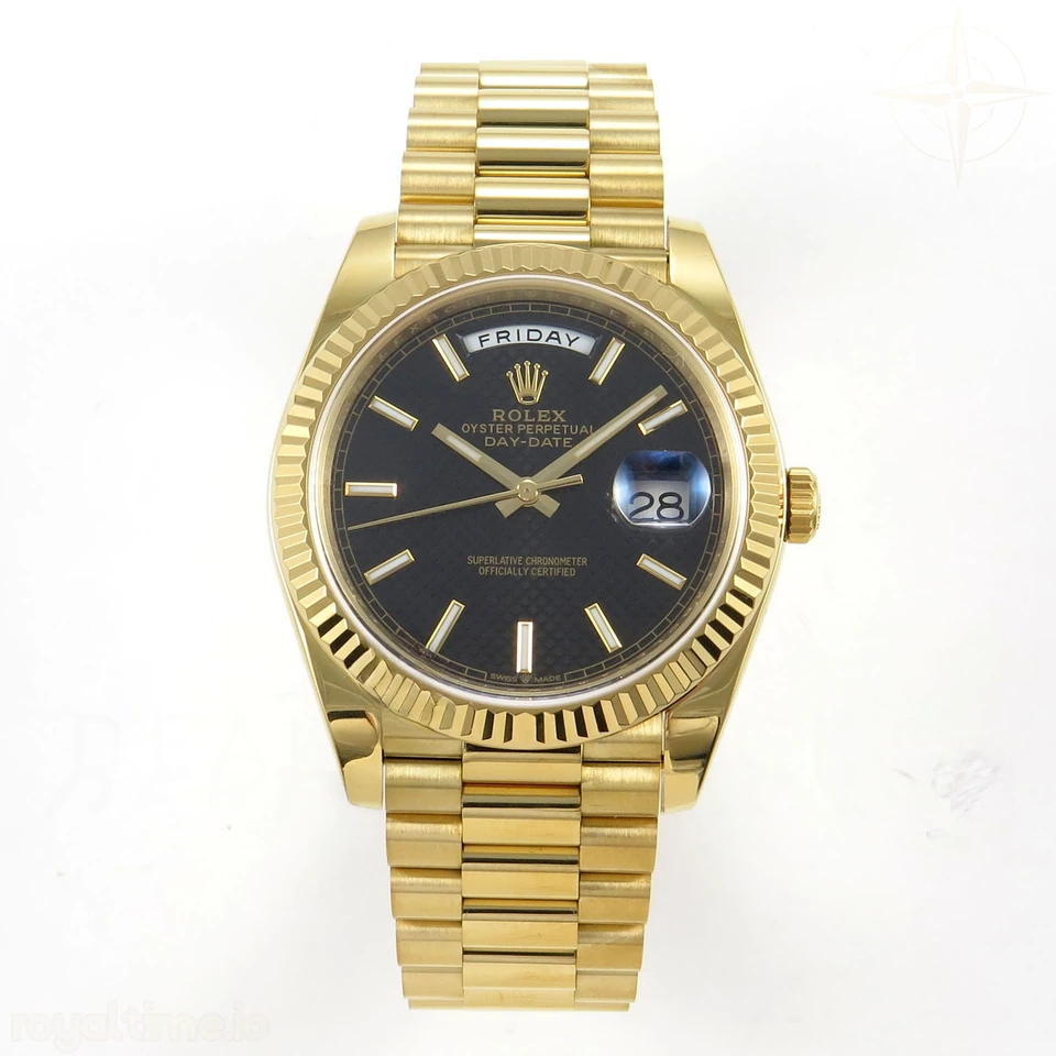 Rolex Day Date 40 YG TMF Black Textured Stick Dial on President Bracelet VR3255