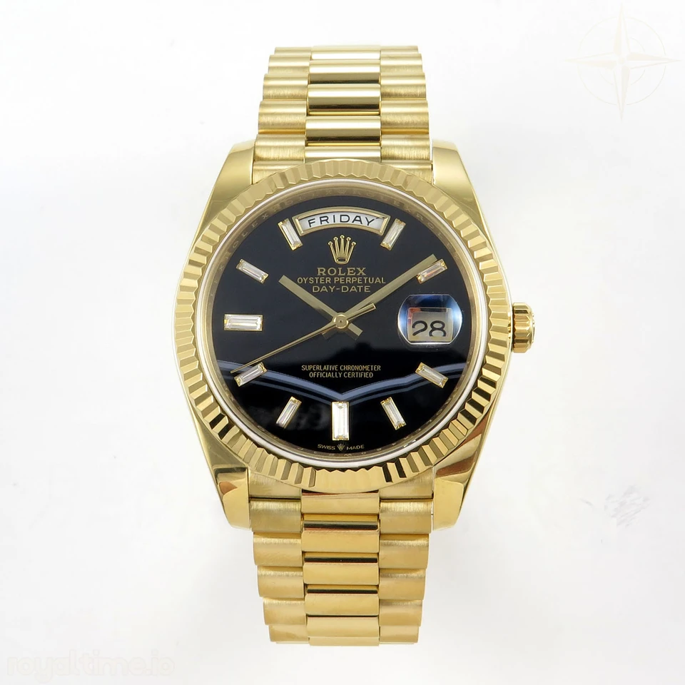 Rolex Day Date 40 YG TMF Black Wave Diamonds Dial on President Bracelet VR3255 (Weighted) 208g