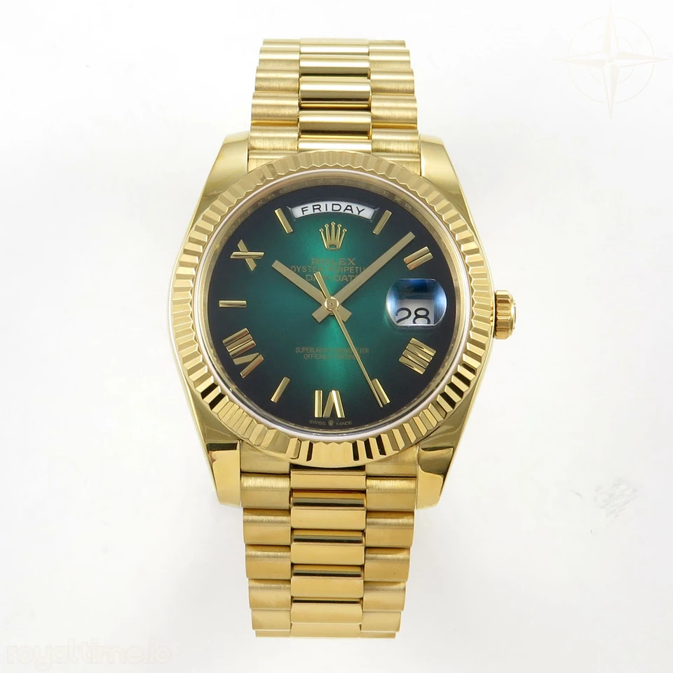 Rolex Day Date 40 YG TMF Green Ombre Roman Dial on President Bracelet VR3255 (Weighted) 208g