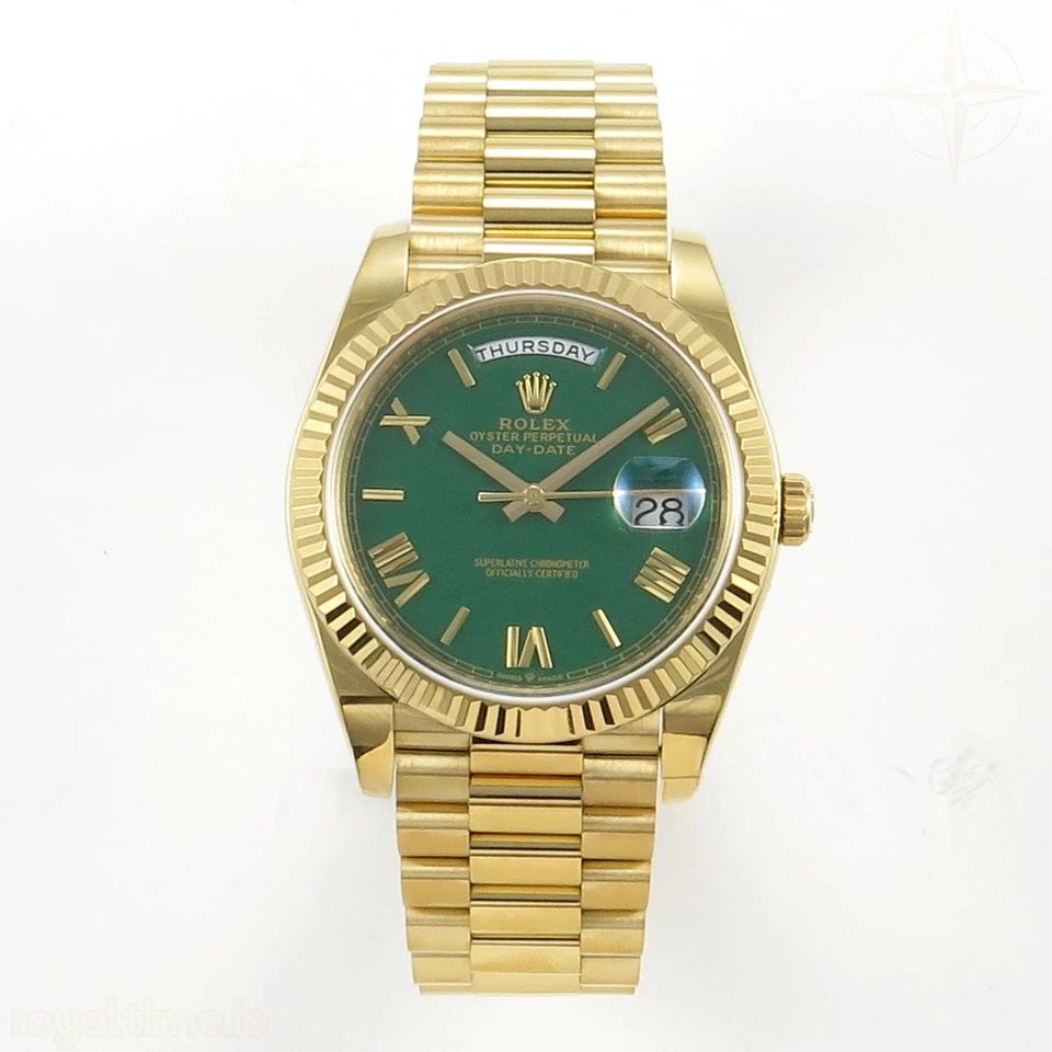 Rolex Day Date 40 YG TMF Green Roman Dial on President Bracelet VR3255 (Weighted) 208g