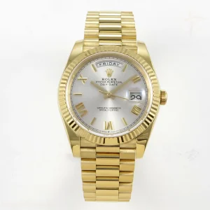 Rolex Day Date 40 YG TMF Silver Roman Dial on President Bracelet VR3255 (Weighted) 208g