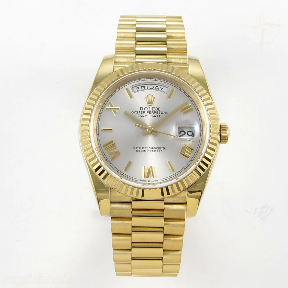 Rolex Day Date 40 YG TMF Silver Roman Dial on President Bracelet VR3255 (Weighted) 208g