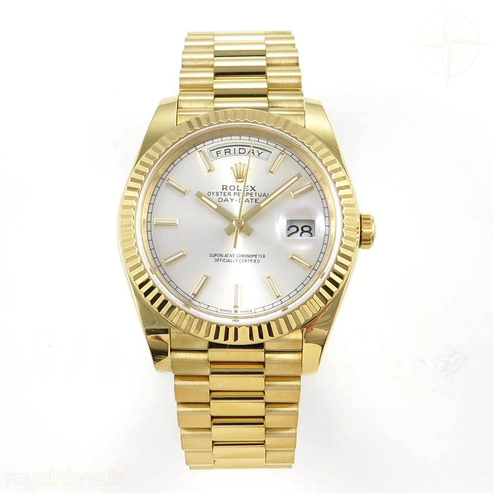 Rolex Day Date 40 YG TMF Silver Stick Dial on President Bracelet VR3255 (Weighted) 208g