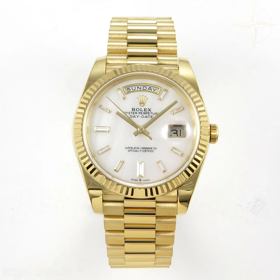 Rolex Day Date 40 YG TMF White MOP Diamonds Dial on President Bracelet VR3255 (Weighted) 208g