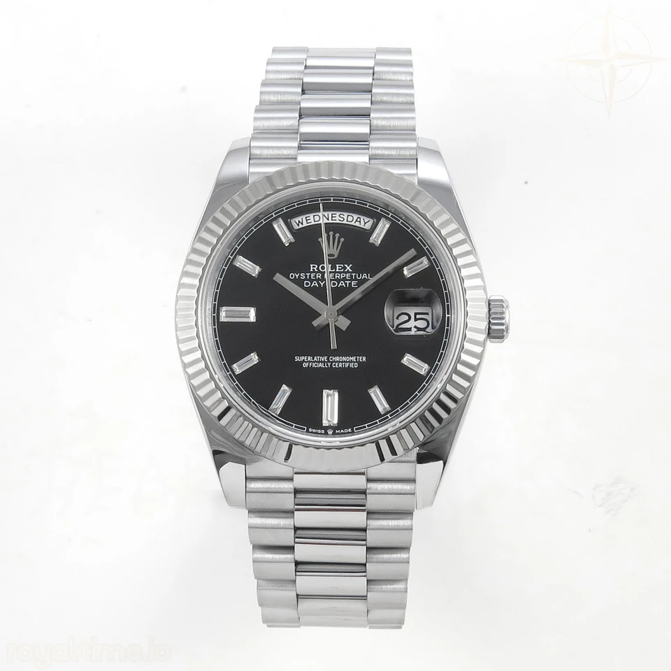 Rolex DayDate 40 SS QF 904L Steel Black Crystal Dial on President Bracelet VR3255 V8 (Gain Weight)