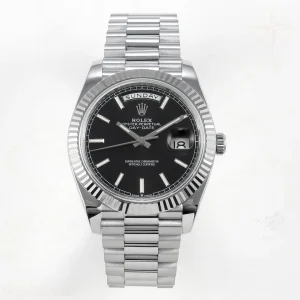 Rolex DayDate 40 SS QF 904L Steel Black Stick Dial on President Bracelet VR3255 V8 (Gain Weight)