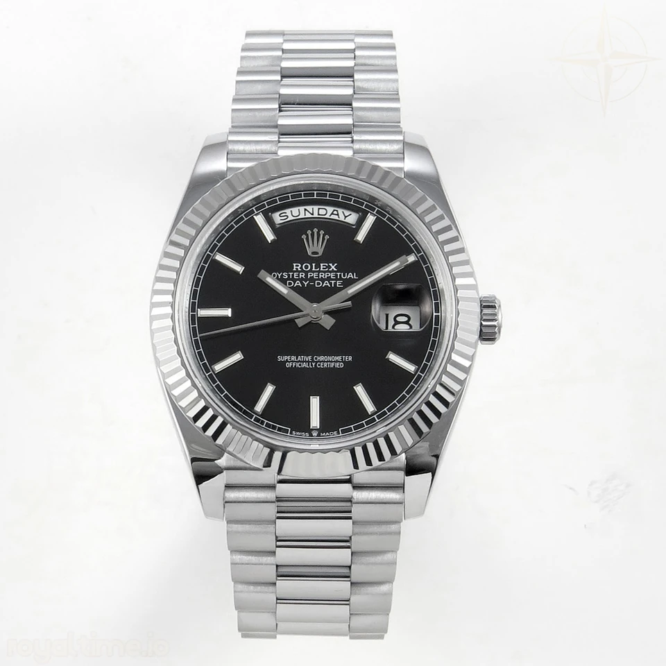 Rolex DayDate 40 SS QF 904L Steel Black Stick Dial on President Bracelet VR3255 V8 (Gain Weight)