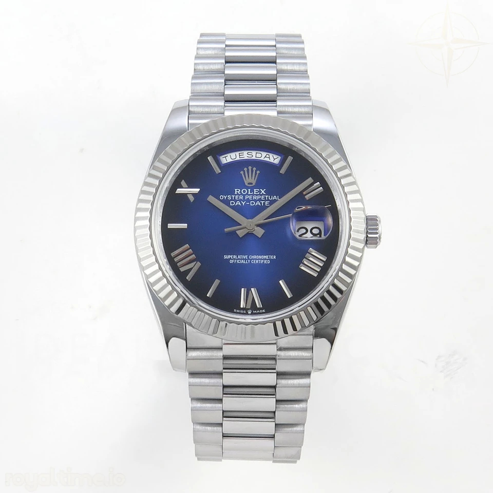 Rolex DayDate 40 SS QF 904L Steel Blue Ombre Roman Dial on President Bracelet VR3255 V8 (Gain Weight)