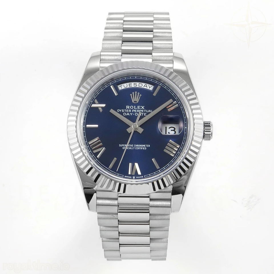 Rolex DayDate 40 SS QF 904L Steel Blue Roman Dial on President Bracelet VR3255 V8 (Gain Weight)