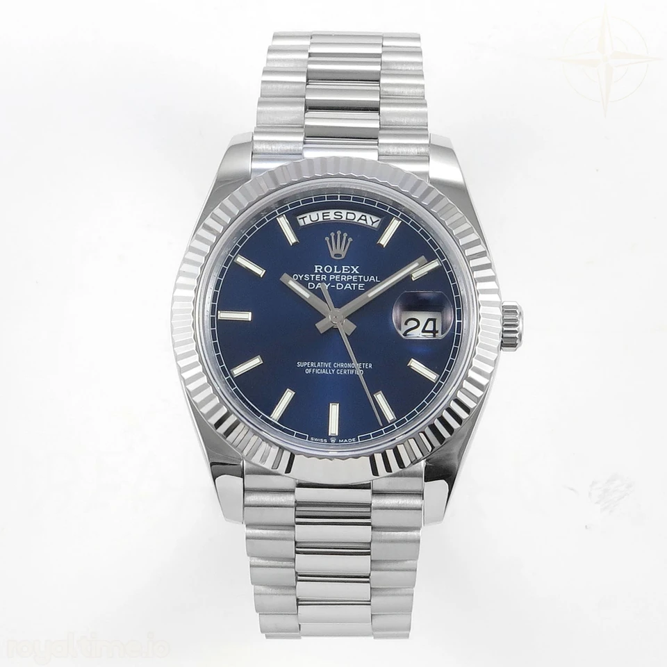Rolex DayDate 40 SS QF 904L Steel Blue Stick Dial on President Bracelet VR3255 V8 (Gain Weight)