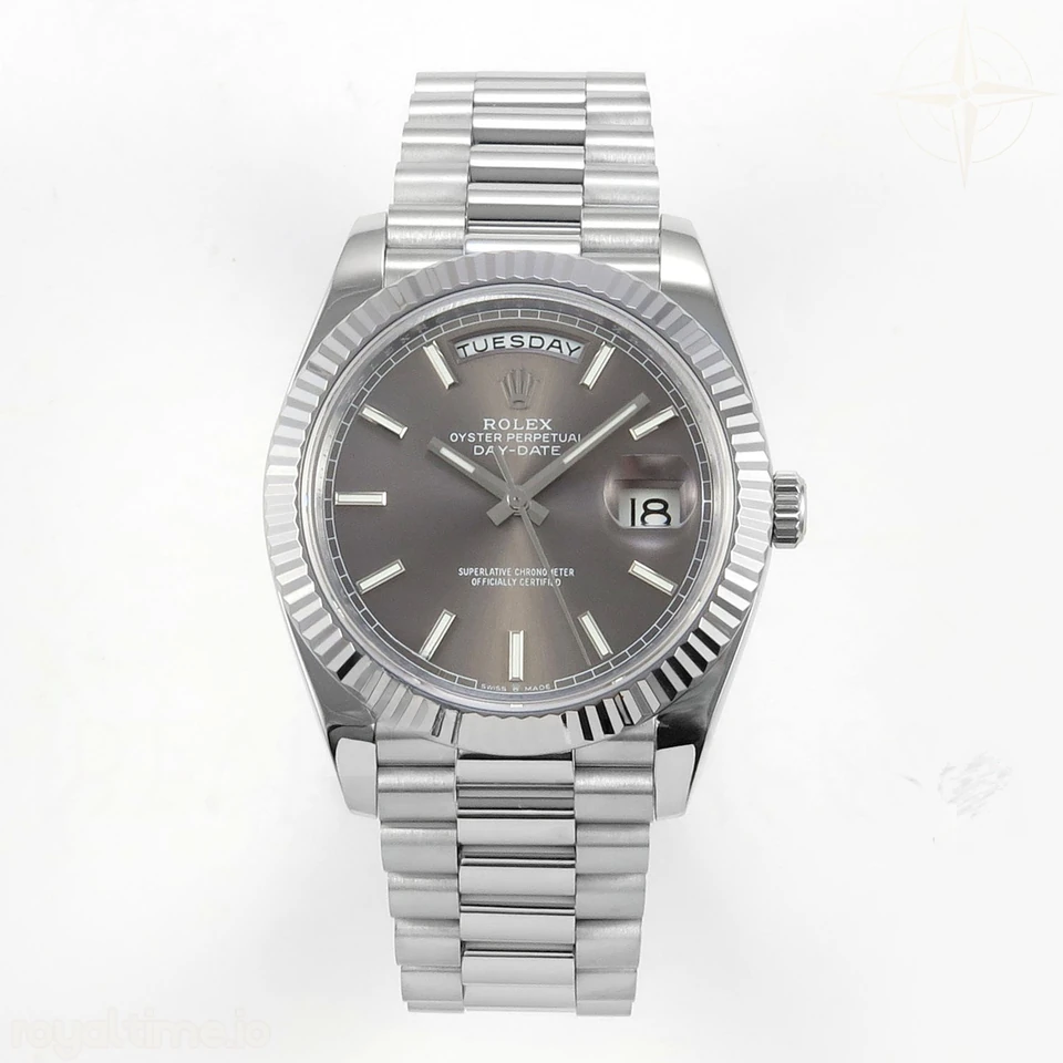 Rolex DayDate 40 SS QF 904L Steel Gray Stick Dial on President Bracelet VR3255 V8 (Gain Weight)
