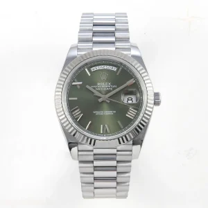 Rolex DayDate 40 SS QF 904L Steel Green Roman Dial on President Bracelet VR3255 V8 (Gain Weight)