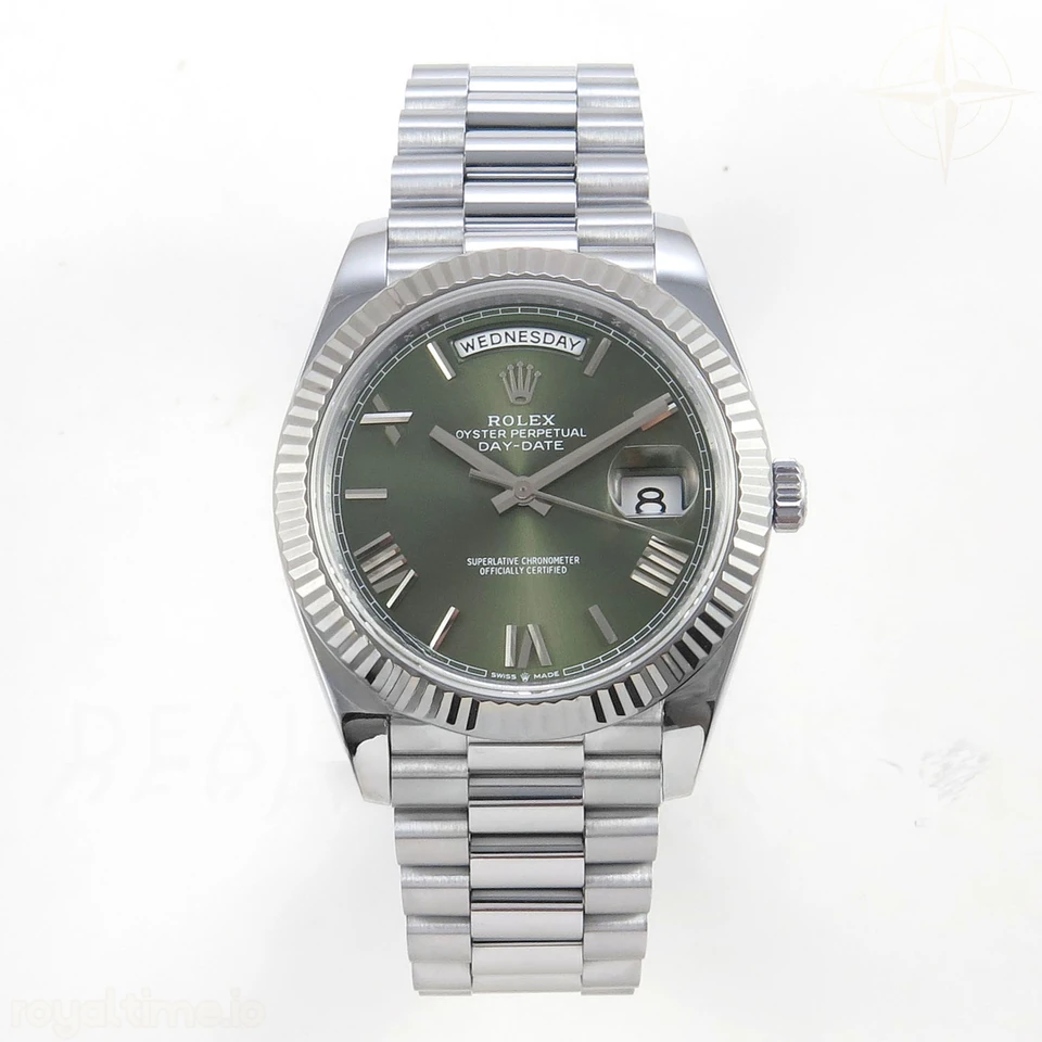 Rolex DayDate 40 SS QF 904L Steel Green Roman Dial on President Bracelet VR3255 V8 (Gain Weight)