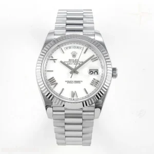 Rolex DayDate 40 SS QF 904L Steel White Roman Dial on President Bracelet VR3255 V8 (Gain Weight)