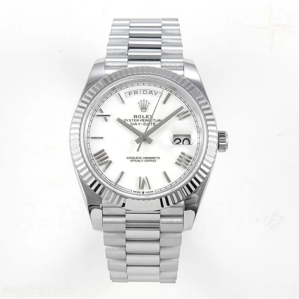 Rolex DayDate 40 SS QF 904L Steel White Roman Dial on President Bracelet VR3255 V8 (Gain Weight)