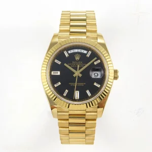 Rolex DayDate 40 YG QF 904L Steel Black Crystal Dial on President Bracelet VR3255 V8 (Gain Weight)