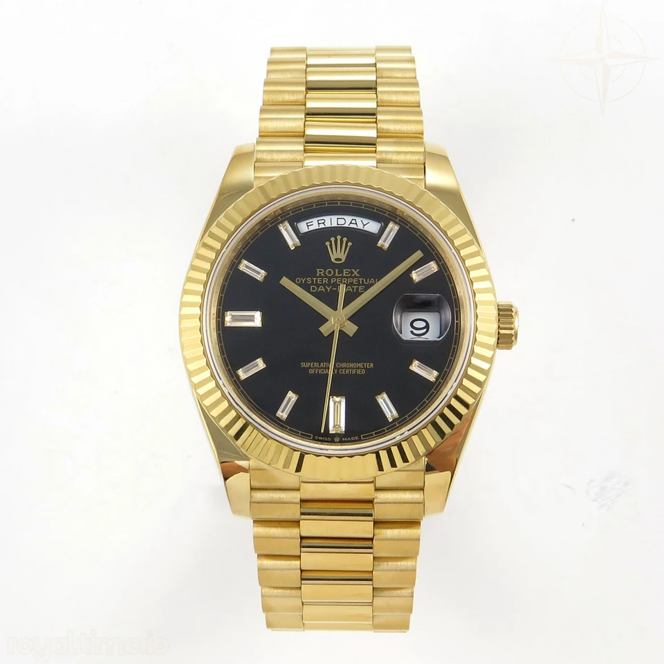 Rolex DayDate 40 YG QF 904L Steel Black Crystal Dial on President Bracelet VR3255 V8 (Gain Weight)