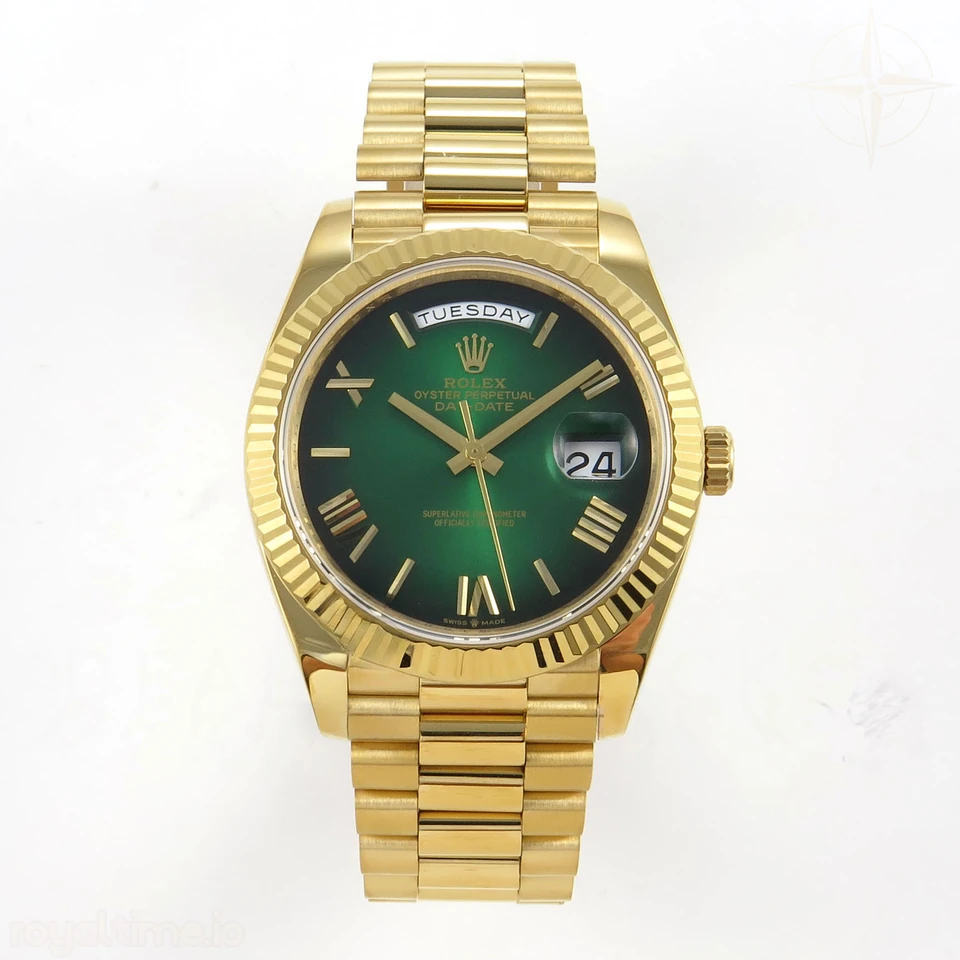 Rolex DayDate 40 YG QF 904L Steel Green Ombre Roman Dial on President Bracelet VR3255 V8 (Gain Weight)