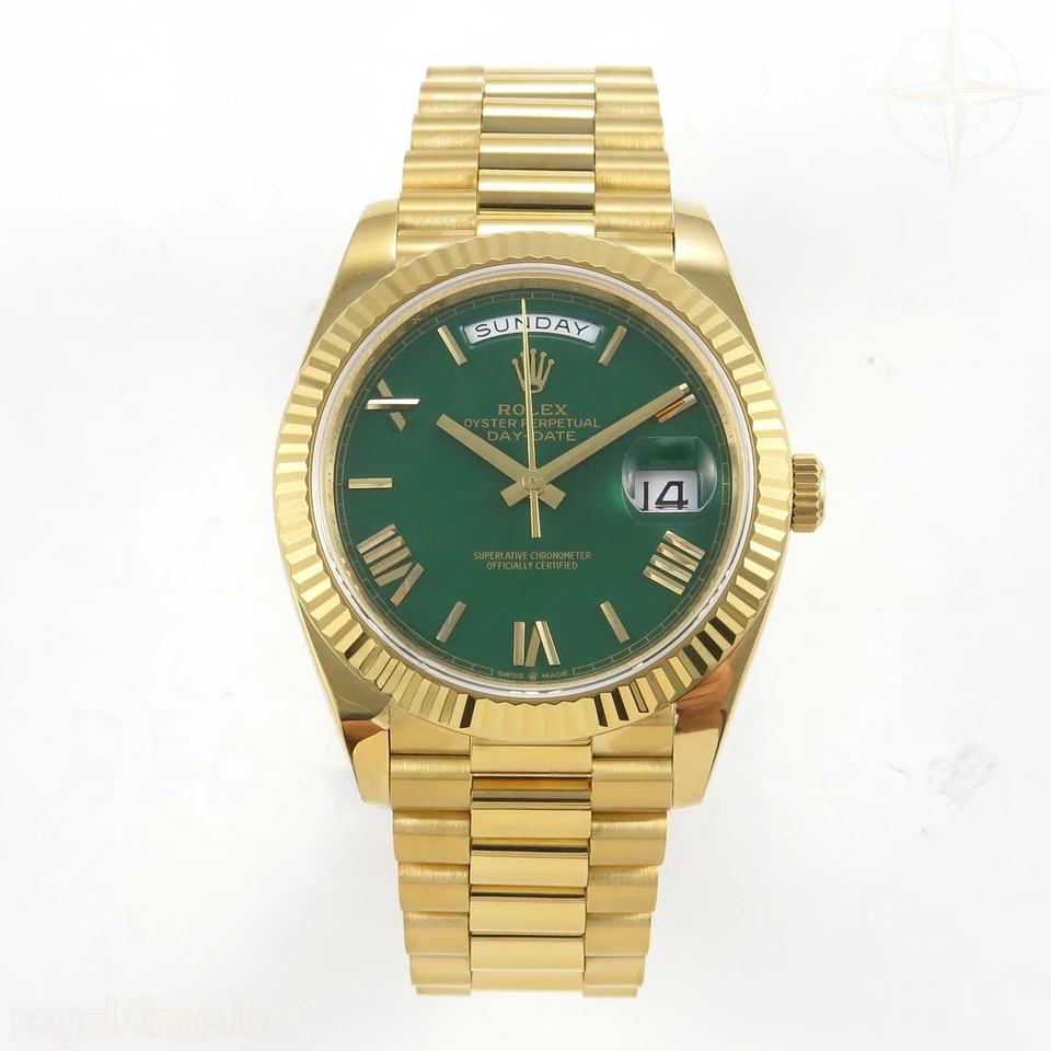 Rolex DayDate 40 YG QF 904L Steel Green Roman Dial on President Bracelet VR3255 V8 (Gain Weight)
