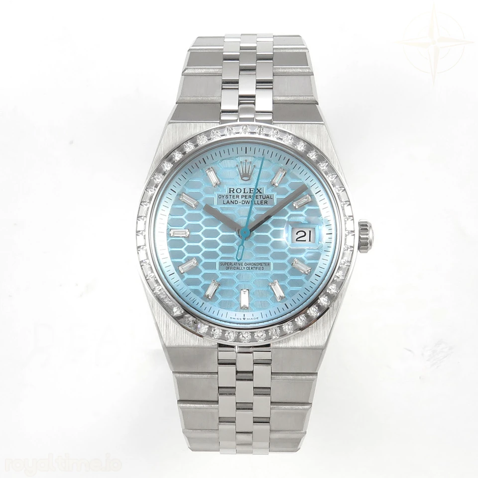 Rolex Land Dweller 127336 DIWF Ice Blue Textured Dial Diamonds Bezel on SS Bracelet A7135