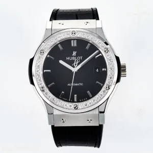 Hublot Classic Fusion Bang 42mm HBF Black Dial Diamonds Bezel on Black Leather Strap A2892