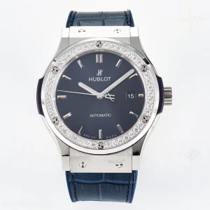 Hublot Classic Fusion Bang 42mm HBF Blue Dial Diamonds Bezel on Blue Leather Strap A2892