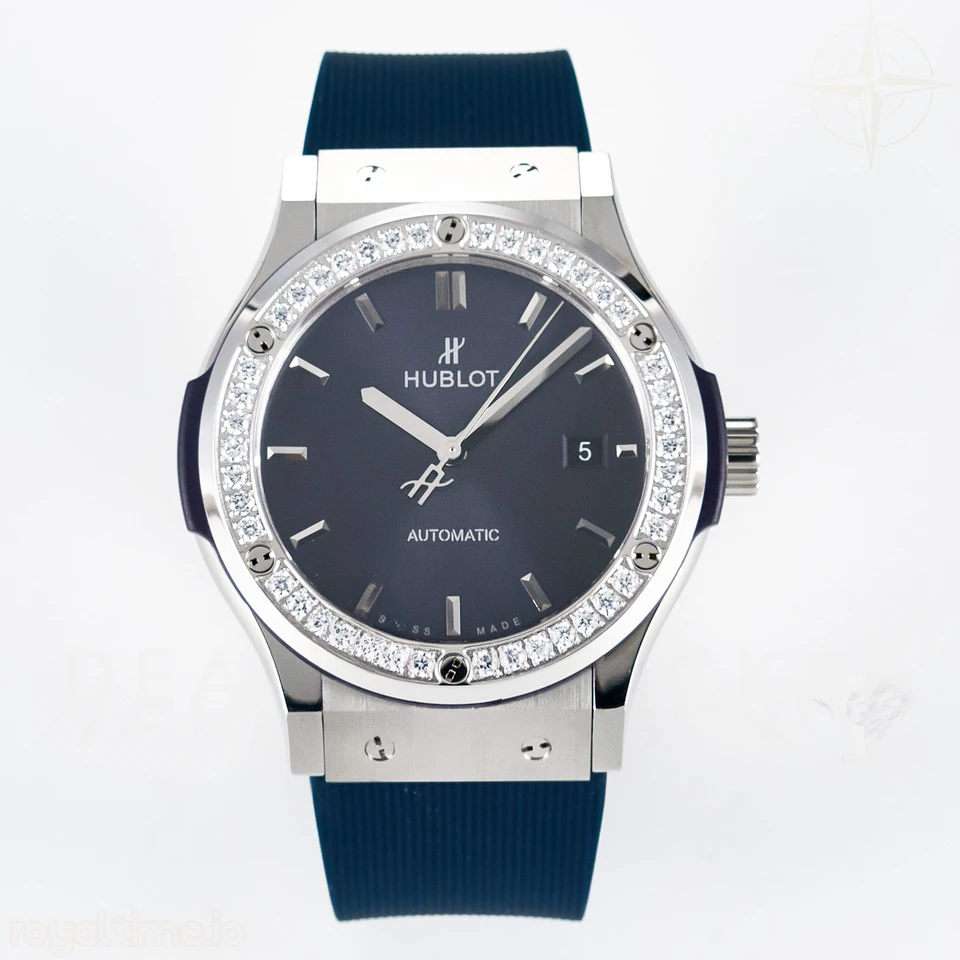 Hublot Classic Fusion Bang 42mm HBF Blue Dial Diamonds Bezel on Blue Rubber Strap A2892