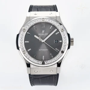Hublot Classic Fusion Bang 42mm HBF Gray Dial Diamonds Bezel on Gray Leather Strap A2892