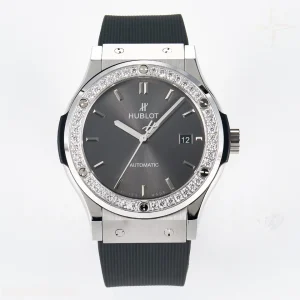 Hublot Classic Fusion Bang 42mm HBF Gray Dial Diamonds Bezel on Gray Rubber Strap A2892