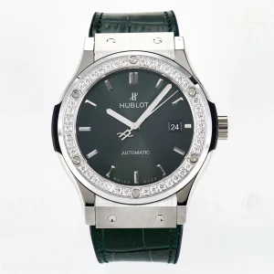 Hublot Classic Fusion Bang 42mm HBF Green Dial Diamonds Bezel on Green Leather Strap A2892