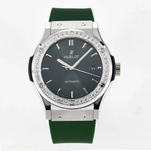 Hublot Classic Fusion Bang 42mm HBF Green Dial Diamonds Bezel on Green Rubber Strap A2892