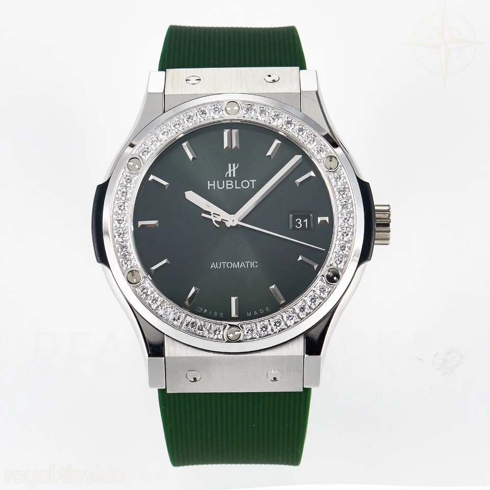 Hublot Classic Fusion Bang 42mm HBF Green Dial Diamonds Bezel on Green Rubber Strap A2892