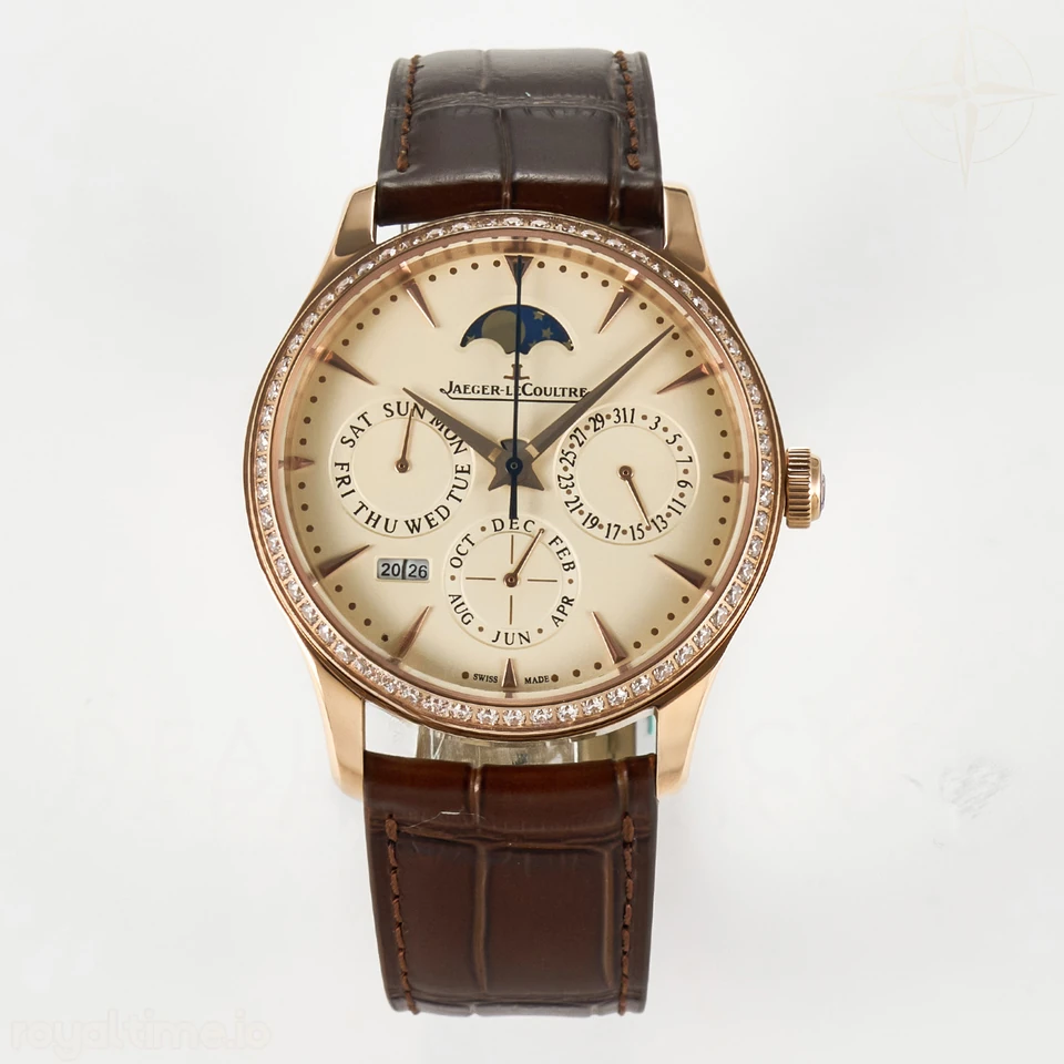 Jaeger-LeCoultre Master Ultra Thin Perpetual Calendar RG V9F Cream Dial Diamonds Bezel on Brown Leather Strap A868 V2