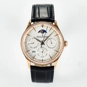 Jaeger-LeCoultre Master Ultra Thin Perpetual Calendar RG V9F White Dial Diamonds Bezel on Black Leather Strap A868 V2